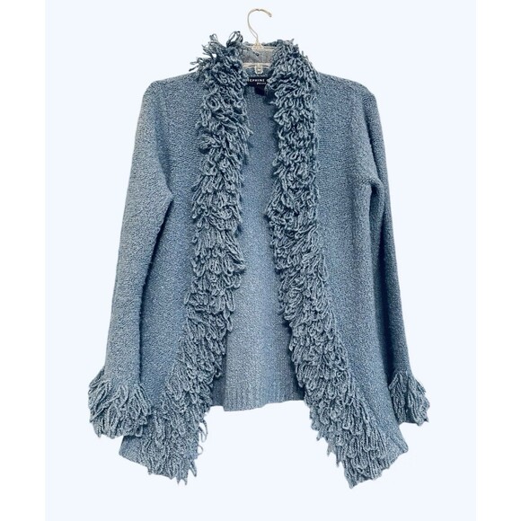 Vintage Josephine Chaus Petite Blue M Cardigan Open Fringe Hem Wool Blend - Picture 1 of 5